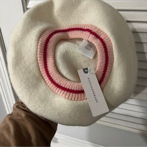 Anthropologie White and Pink Knit Beret